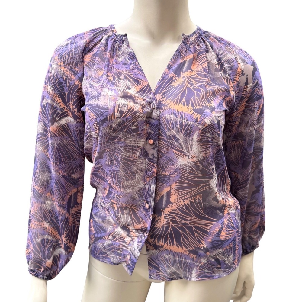 Charlie Jade‎ Blouse Purple Abstract Print Smocked V-Neck Boho Whimsigoth Top M